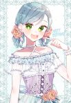  +_+ 1girl :d alternate_hairstyle aqua_hair artist_name back_bow bang_dream! blue_ribbon blush bow braid center_frills collarbone corset criss-cross_halter earrings flower frills green_eyes hair_flower hair_ornament hair_ribbon hairband halterneck happy_birthday highres hikawa_hina jewelry lace_border open_mouth patzzi pearl_(gemstone) pearl_hair_ornament pink_flower pointing pointing_at_self ribbon shirt skirt smile solo sparkle striped striped_ribbon twintails upper_body white_ribbon white_shirt wrist_cuffs 