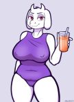  anthro arwokom big_breasts boss_monster bovid breasts bulge caprine clothing cup erect_nipples female goat horn juice_(disambiguation) looking_at_viewer mammal mature_female nipple_outline nipples one-piece_swimsuit pointing seductive simple_background slightly_chubby solo sweat swimsuit thick_thighs tight_clothing toriel undertale video_games wide_hips 