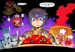  1girl 4boys blue_hair captain_falcon chef_hat chef_kawasaki creatures_(company) eating empty_eyes f-zero fire flamberge_(kirby) game_freak gen_2_pokemon hat hot_sauce kirby kirby_(series) mario_(series) marth metal_gear_(series) metal_gear_solid multiple_boys nintendo pichu pokemon pot rariatto_(ganguri) red_eyes red_hair skull smile solid_snake super_smash_bros. sweat translation_request wario wario_land warioware 