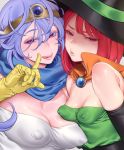  2girls :q bare_shoulders black_gloves blue_hair blush breasts cape circlet cleavage covered_nipples dragon_quest dragon_quest_iii elbow_gloves eyelashes gloves hair_between_eyes hat highres huge_nipples large_breasts long_hair looking_at_viewer mage_(dq3) multiple_girls purple_eyes red_eyes red_hair sage_(dq3) small_breasts smile sweatdrop tongue tongue_out witch_hat yellow_gloves zkstxxx 