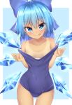  1girl :p bangs bare_arms bare_shoulders blue_background blue_bow blue_hair blue_swimsuit blush bow breasts breasts_apart cirno closed_mouth collarbone commentary_request competition_school_swimsuit covered_navel cowboy_shot detached_wings eyebrows_visible_through_hair hair_bow ice ice_wings kuraaken looking_at_viewer medium_breasts naughty_face one-piece_tan pulled_by_self simple_background small_breasts smile solo swimsuit swimsuit_pull tan tanline tanned_cirno tongue tongue_out touhou v-shaped_eyebrows wings 