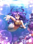  1girl abs bubble coral highres john_su lens_flare mermaid monster_girl ocean purple_hair reaching_out red_eyes smile sparkle sunlight 