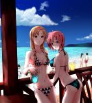  2girls bikini blonde_hair blue_eyes blush breasts cup drink green_eyes hair_ornament highres holiday3345aaa98 long_hair looking_at_viewer miura_yumiko multiple_girls ocean open_mouth pink_hair short_hair summer sweat swimsuit tagme yahari_ore_no_seishun_lovecome_wa_machigatteiru. yuigahama_yui 