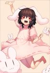  1girl :3 :d animal_ears arm_up bangs barefoot black_hair blush_stickers bunny bunny_ears clenched_hand commentary dress eyebrows_visible_through_hair full_body hair_between_eyes hand_up inaba_tewi jumping kaiza_(rider000) looking_at_viewer open_mouth pink_background pink_dress puffy_short_sleeves puffy_sleeves red_eyes short_hair short_sleeves simple_background smile solo thighs touhou |_| 
