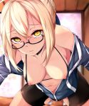  1boy 1girl ahoge artoria_pendragon_(all) bangs bikini bikini_tug black-framed_eyewear black_bikini black_legwear black_shorts blonde_hair blush braid clothed_sex dark_persona erect_nipples eyebrows_visible_through_hair fate/grand_order fate_(series) glasses hair_between_eyes highres indoors jacket mysterious_heroine_x_(alter) penis semi-rimless_eyewear sex shorts sidelocks straddling swimsuit thighhighs under-rim_eyewear yellow_eyes zuo_wei_er 