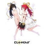  2girls :d arms_behind_back barefoot black_hair breasts closers collarbone copyright_name dress eye_contact fang grey_eyes hair_ribbon highres hr.b long_hair looking_at_another multiple_girls nipples nude off_shoulder open_mouth ponytail pussy red_eyes red_hair red_ribbon ribbon shiny shiny_skin short_dress simple_background sleeveless sleeveless_dress small_breasts smile very_long_hair white_background white_dress yellow_ribbon 