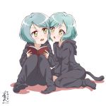  2girls :o alternate_hair_length alternate_hairstyle animal_hood aqua_hair artist_name bang_dream! blush book can_to_cheek cat_hood cat_tail commentary_request cosplay far_is_a green_eyes highres hikawa_hina hikawa_sayo holding holding_book hood hood_down kigurumi knees_up long_sleeves looking_at_another multiple_girls open_book short_hair siblings signature sisters sitting tail twins twitter_username v-shaped_eyebrows white_background 