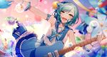  asd13 bang_dream! blush bow braids bubbles choker gloves green_eyes green_hair guitar hikawa_hina instrument seifuku short_hair skirt 