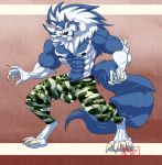  2019 4_toes 5_fingers abs anthro biceps black_nose blue_fur blue_hair blue_skin bulge canid canine canis capcom claws clothed clothing darkstalkers digitigrade eyebrows fur gloves_(marking) hair hungothenomster jon_talbain looking_aside male mammal mane markings multicolored_fur multicolored_hair multicolored_skin muscular muscular_male muscular_thighs neck_tuft nipples pants pecs sharp_teeth simple_background socks_(marking) solo standing teeth tight_clothing toes topless tuft two_tone_fur two_tone_hair two_tone_skin video_games were werecanid werecanine werewolf white_fur white_hair white_skin wolf 