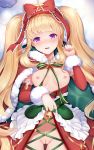 absurdly_long_hair alternate_costume bangs bell blonde_hair blunt_bangs blush bow breasts cagliostro_(granblue_fantasy) christmas cloak detached_sleeves dress dress_lift frills fur_trim granblue_fantasy hand_up long_hair looking_at_viewer lying navel nipples on_back open_clothes open_dress open_mouth purple_eyes pussy ribbon sidelocks small_breasts solo star twintails uncensored very_long_hair 