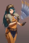  1girl alternate_costume aqua_eyes aqua_hair arc2urus aviator_cap aviator_irelia belt black_gloves breasts cleavage fur_trim gloves goggles goggles_on_head grey_background highres irelia league_of_legends long_hair looking_at_viewer medium_breasts pilot_suit pouch short_sleeves solo standing unzipped very_long_hair 