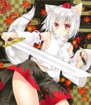  1girl animal_ears autumn_leaves black_skirt breasts checkered checkered_background covered_nipples detached_sleeves eyebrows_visible_through_hair fujiwara_minaho hair_between_eyes hairband holding holding_sword holding_weapon inubashiri_momiji leaf_print long_sleeves marker_(medium) midriff navel print_skirt red_eyes red_hairband ribbon-trimmed_sleeves ribbon_trim shiny shiny_hair shirt short_hair sideboob silver_hair skirt sleeveless sleeveless_shirt smile solo standing stomach sword tail touhou traditional_media weapon white_shirt white_sleeves wide_sleeves wolf_ears wolf_tail 