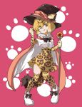  1girl :d animal_ears animal_print bangs black_bow black_hat black_neckwear blonde_hair bow bowtie cape center_frills elbow_gloves eyebrows_visible_through_hair full_body fur_collar gloves hair_between_eyes hand_up hat high-waist_skirt highres holding holding_staff jaguar_(kemono_friends) jaguar_ears jaguar_print jaguar_tail jamir kemono_friends legs_apart looking_at_viewer open_mouth paw_print pigeon-toed pink_background shirt shoes short_hair short_sleeves skirt smile solo staff tail thighhighs v-shaped_eyebrows white_footwear white_shirt yellow_eyes 