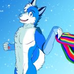  2019 anthro bandanna blue_fur canid canine canis domestic_dog featureless_crotch foofi_(character) fur hi_res husky jf-049 looking_at_viewer male mammal nude open_mouth rainbow simple_background smile solo tongue white_fur 