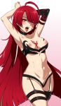  1girl ahoge armpits arms_up bangs bare_arms bare_shoulders black_bra black_gloves black_panties bloody_queen_(elsword) blunt_bangs blush bra breast_tattoo breasts collarbone cowboy_shot elbow_gloves elesis_(elsword) elsword empty_eyes eyebrows_visible_through_hair facepaint garter_straps gloves gradient gradient_background groin heart heart-shaped_pupils long_hair looking_at_viewer medium_breasts navel nipple_slip nipples nt00 open_mouth orange_eyes panties pink_background pubic_hair pubic_hair_peek red_hair single_glove solo stomach straight_hair symbol-shaped_pupils tattoo thigh_strap tongue tongue_out underwear underwear_only very_long_hair 