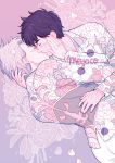  2boys artist_name black_hair blush dutch_angle eyes_closed floral_print flower grey_hair hand_on_another&#039;s_face highres jewelry katsuki_yuuri kiss long_sleeves meyoco multiple_boys pink_background pink_flower ring short_hair sparkle unmoving_pattern upper_body viktor_nikiforov white_flower yaoi yuri!!!_on_ice 