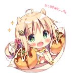  +_+ 1girl :d ahoge animal_ears bangs blonde_hair blush bow chibi commentary_request dress fang food green_eyes hair_bow hair_ornament hamster_ears in_food knees_up leg_hug long_hair open_mouth original pan_(mimi) pink_bow seed simple_background sitting smile solo sparkle sunflower_seed takoyaki translation_request white_background yellow_footwear 