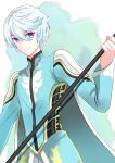 1boy cape eyebrows_visible_through_hair hair_between_eyes holding holding_staff long_sleeves looking_at_viewer male_focus mikleo_(tales) purple_eyes saklo silver_hair smile solo staff standing tales_of_(series) tales_of_zestiria white_cape 