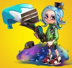  1girl bike_shorts black_hat blue_hair calligraphy_brush closed_mouth conductor_namako full_body green_jacket hat headphones highres holding holding_brush jacket legs_apart long_hair mini_hat momomomomoa octarian octobrush_(splatoon) octoling paint paintbrush purple_eyes sea_cucumber shoes single_vertical_stripe sleeves_past_elbows smile splatoon splatoon_(series) splatoon_2 splatoon_2:_octo_expansion standing suction_cups tentacle_hair track_jacket yellow_background 