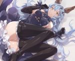 1girl akira_(coffee_curry) animal_ears ass bangs black_gloves black_legwear blue_dress blue_hair breasts brown_eyes bunny_ears commentary_request cross_hair_ornament dress elbow_gloves erune eyebrows_visible_through_hair ferry_(granblue_fantasy) frilled_dress frilled_legwear frills gloves granblue_fantasy hair_ornament long_hair looking_at_viewer lying on_back open_mouth sideboob simple_background sleeveless sleeveless_dress smile solo thighhighs wavy_hair 