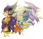  1boy androgynous animal animal_ears bird brown_hair bug butterfly coon_(saga_frontier) dove eye_contact facing_viewer flower fur furry green_eyes hair_ornament insect jewelry looking_at_another looking_at_viewer male_focus midriff monster navel parted_lips saga saga_frontier short_hair simple_background smile solo tail white_background white_hair 
