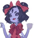  1girl black_hair bow cup extra_arms extra_eyes hair_bow hajime_(hajime-ill-1st) holding monster_girl muffet open_mouth purple_eyes purple_skin red_shirt ribbon shirt short_hair simple_background smile solo teacup teapot two_side_up undertale upper_body white_background 