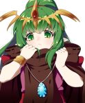  1girl bracelet chiki cloak closed_mouth fire_emblem fire_emblem:_monshou_no_nazo fire_emblem_heroes green_eyes green_hair hood hood_down hooded_cloak inha_(ingha) jewelry long_hair mamkute nintendo pointy_ears ponytail simple_background solo stone tiara upper_body white_background 