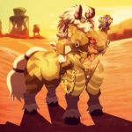  2girls abs blue_eyes blush breasts chains day desert gerudo gigantic_breasts hooves horns large_breasts lynel monster_girl multiple_girls muscle muscular_female nintendo nipple_piercing nude piercing pussy pussy_juice red_hair riendonut riju scar shadow tail the_legend_of_zelda the_legend_of_zelda:_breath_of_the_wild 