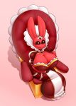  averyshadydolphin big_breasts breasts bunny_(averyshadydolphin) chair cleavage clothed clothing crown dress female frill fur gloves hi_res huge_breasts lagomorph long_ears mammal rabbit red_fur royalty throne 