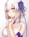  1girl absurdres alternate_costume azur_lane bangs blue_flower blue_ribbon blush breasts choker cleavage cleavage_cutout closed_mouth collarbone dress eyebrows_visible_through_hair flower gradient gradient_background hair_between_eyes hair_flower hair_ornament hand_on_own_chest head_tilt highres large_breasts looking_at_viewer red_eyes ribbon sapphire_(gemstone) septoleaf short_hair simple_background sirius_(azur_lane) smile solo upper_body white_dress 