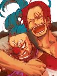  2boys blue_hair buggy_the_clown disembodied_limb dismembered facial_mark male_focus mochika multiple_boys one_piece red_hair scar shanks 