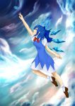  1-05 1girl absurdres blue_dress blue_eyes blue_hair blue_sky bow bowtie breasts brown_footwear cirno cloud commentary_request dress flying folded_leg from_side full_body gem hair_bow highres loafers looking_to_the_side looking_up medium_breasts open_mouth outstretched_arm pinafore_dress profile puffy_short_sleeves puffy_sleeves reaching red_neckwear shirt shoes short_sleeves sky solo thick_eyebrows touhou white_legwear white_shirt wings 