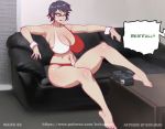  1girl barefoot bayonetta bayonetta_(character) bayonetta_2 bikini black_hair blue_eyes bokuman breasts camera casting_couch couch desk glasses huge_breasts short_hair smile solo speech_bubble swimsuit thick_thighs thighs tongue tongue_out two-tone_bikini 