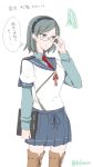  1girl :t adjusting_eyewear alternate_costume black_headband cosplay green_eyes green_hair hollomaru kantai_collection kirishima_(kantai_collection) long_sleeves notebook ooyodo_(kantai_collection) ooyodo_(kantai_collection)_(cosplay) school_uniform serafuku short_hair short_sleeves skirt solo squiggle sweater_vest thighhighs translation_request twitter_username white_background 