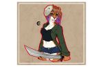  absurd_res anthro clothed clothing facial_piercing felid feline female hi_res kriticalerror lip_piercing looking_at_viewer machete mammal mask melee_weapon navel piercing smile solo weapon 