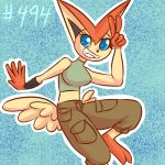  2019 2_toes 5_fingers anthro balddumborat big_ears black_eyes blue_eyes bracelet breasts butt_wings clothed clothing digital_drawing_(artwork) digital_media_(artwork) eyelashes fangs female gloves_(marking) grin jewelry legendary_pok&eacute;mon markings midriff nintendo outline pok&eacute;mon pok&eacute;mon_(species) pok&eacute;morph simple_background smile socks_(marking) solo tan_body textured_background toes v_sign victini video_games wings 