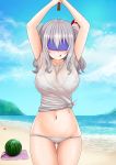  10s 1girl arms_up bangs beach belly bikini bikini_bottom bikini_top blindfold blue_sky bra breasts clouds cowboy_shot food fruit gluteal_fold hair_between_eyes hair_ornament holding kantai_collection kashima_(kantai_collection) large_breasts long_hair navel no_pants ocean outdoors panties sand sea seashell see-through shell shirt short_sleeves sidelocks silver_hair skindentation sky smile solo standing stomach sunlight swimsuit the_only_shoe thighs tied_shirt tongue tongue_out twintails underwear watermelon wavy_hair wet wet_clothes wet_shirt white_bikini white_bra white_panties white_shirt wide_hips 