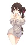  1girl bangs bare_shoulders blush bow breasts brown_eyes brown_hair cleavage collarbone commentary_request cowboy_shot dress frown grey_sweater hair_between_eyes hair_bow hair_bun hand_on_own_chest hand_up highres hinoki_yuu large_breasts long_hair long_sleeves looking_at_viewer off-shoulder_sweater off_shoulder original side_bun side_ponytail sidelocks simple_background solo standing sweater sweater_dress thighs very_long_hair white_background 