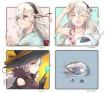  3girls alternate_costume arm_up black_gloves black_hairband closed_mouth dragon earrings eyes_closed female_my_unit_(fire_emblem_if) fire_emblem fire_emblem_heroes fire_emblem_if flower from_side gloves hair_flower hair_ornament hairband hat jewelry lilith_(fire_emblem_if) long_hair multiple_girls multiple_persona my_unit_(fire_emblem_if) nintendo open_mouth petals pointy_ears red_eyes robaco white_hair witch_hat wreath 