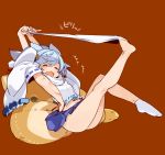  1girl animal_ears armpits ass azur_lane bare_legs barefoot blue_hair blue_skirt detached_sleeves eyes_closed feet female fubuki_(azur_lane) legs mota open_mouth red_background removing_legwear simple_background skirt socks solo undressing 