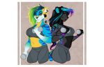  absurd_res anthro athletic clothed clothing duo ear_piercing exercise felid female hair hi_res kriticalerror mammal multicolored_hair piercing simple_background smile standing weightlifting workout 
