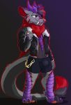 2019 absurd_res anthro backsash bulge claws clothed clothing digital_media_(artwork) dragon fur hair hi_res horn hybrid male mammal open_mouth red_eyes scalie simple_background smile solo standing teeth toe_claws 