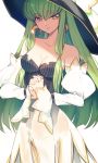  1girl bare_shoulders breasts c.c. cleavage code_geass creayus dress gloves green_hair hat long_hair looking_at_viewer medium_breasts open_mouth simple_background smile solo twitter_username yellow_eyes 