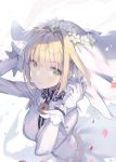  1girl blonde_hair bridal_veil eyebrows_visible_through_hair fate/extra fate/extra_ccc fate/grand_order fate_(series) flower gloves green_eyes hair_flower hair_intakes hair_ornament lace_trim looking_at_viewer nero_claudius_(bride)_(fate) nero_claudius_(fate)_(all) padlocked_collar petals ritsuki smile solo veil white_gloves wind 