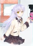  1girl angel_beats! bangs eyebrows_visible_through_hair feathers girls_dead_monster hair_ornament highres indoors key_(company) long_hair long_sleeves looking_at_viewer open_mouth poster_(object) ribbon school_uniform shirt silver_hair skirt solo standing tenshi_(angel_beats!) user_ffcj2587 white_shirt window yellow_eyes 