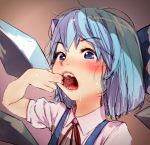  1girl blue_eyes blue_hair blush cirno detached_wings diathorn female mouth_pull open_mouth short_hair solo teeth tongue touhou wings 