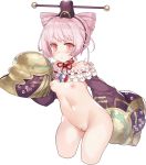  1girl atelier_(series) atelier_sophie bangs bare_shoulders blush breasts brown_hat cleft_of_venus collarbone commentary_request cornelia_(atelier) cowboy_shot cropped_legs detached_sleeves eyebrows_visible_through_hair hat leaning_forward long_sleeves looking_at_viewer navel nipples nude parted_lips pink_hair purple_sleeves pussy red_eyes simple_background sleeves_past_fingers sleeves_past_wrists small_breasts solo tsuderou white_background 