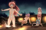  1other 3girls blush breasts dandere_(tetsudan) eyes_closed feet hair_down highres large_breasts legs_crossed milim_nava multiple_girls navel night night_sky nipples nude onsen open_mouth outdoors partially_submerged pussy rimuru_tempest shion_(tensei_shitara_slime_datta_ken) shuna_(tensei_shitara_slime_datta_ken) sitting sky small_breasts smile splashing tensei_shitara_slime_datta_ken towel water 
