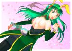  1girl animal_ears bare_shoulders black_legwear bunny_ears bunny_tail easter_egg egg fake_animal_ears fake_tail fire_emblem fire_emblem:_monshou_no_nazo fire_emblem_heroes flower from_behind green_eyes green_hair hair_flower hair_ornament headband highres holding long_hair looking_back nintendo open_mouth pantyhose paola solo taguchi_(igutiguti) tail twitter_username white_headband 