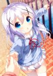  1girl bangs blue_eyes blue_hair blue_sweater blurry blurry_background blurry_foreground blush chinomaron commentary_request day depth_of_field eyebrows_visible_through_hair gochuumon_wa_usagi_desu_ka? hair_between_eyes hair_ornament hand_holding highres kafuu_chino long_hair long_sleeves looking_at_viewer neck_ribbon open_mouth out_of_frame outdoors outstretched_arms petals pleated_skirt railing red_ribbon ribbon sailor_collar school_uniform serafuku skirt solo_focus sweater thighhighs very_long_hair water white_legwear white_sailor_collar white_skirt x_hair_ornament 